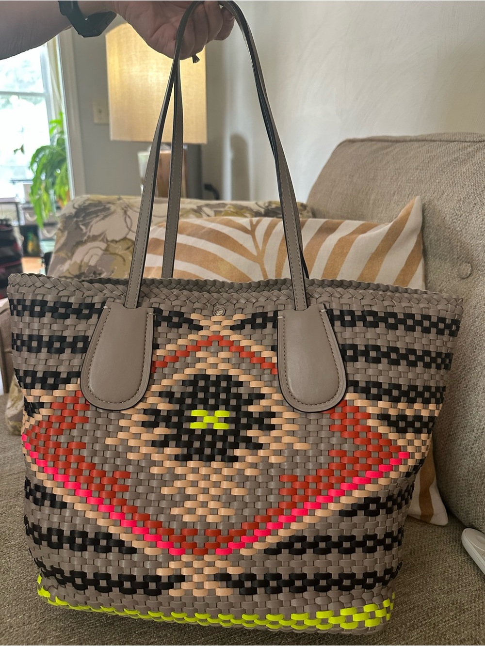 Coach Woven Leather Tote - Brown with Neon Yellow & Red Accents - Picture 10 of 16